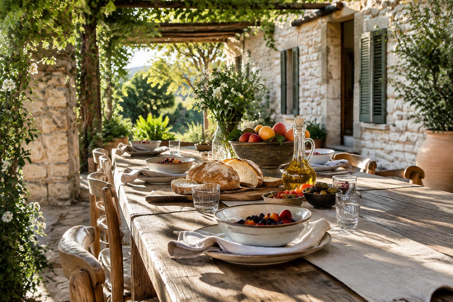 Lunga tavola per la colazione sotto il pergolato