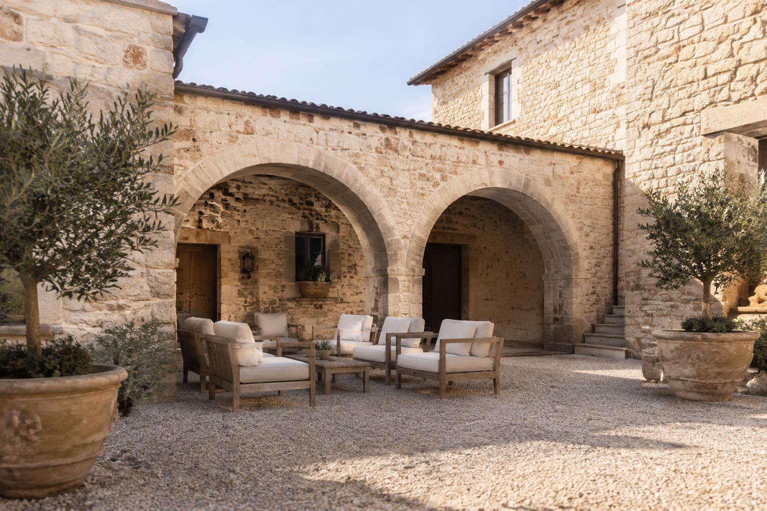 Cortile in pietra con archi e sedute in lino