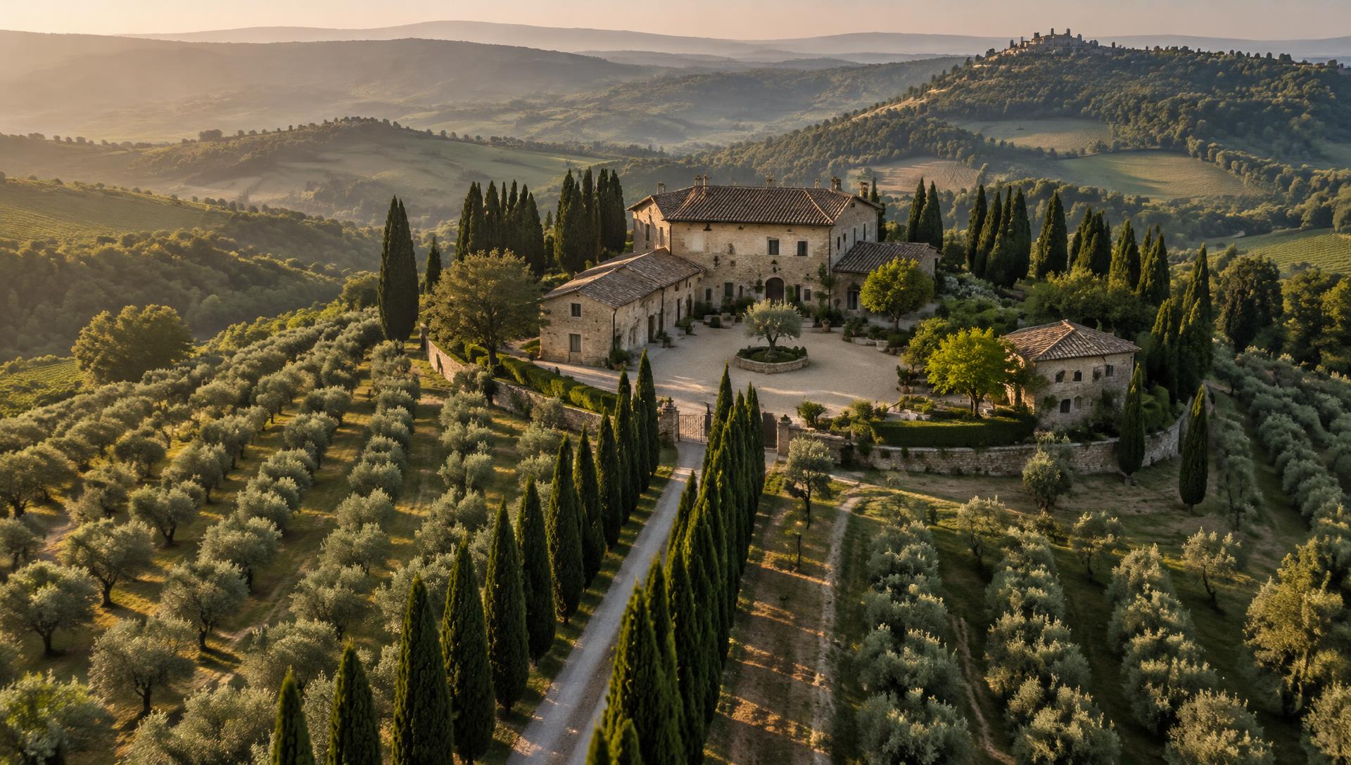 Vista aerea al mattino di un casale in pietra con cortile, viale di cipressi e uliveti tra le colline
