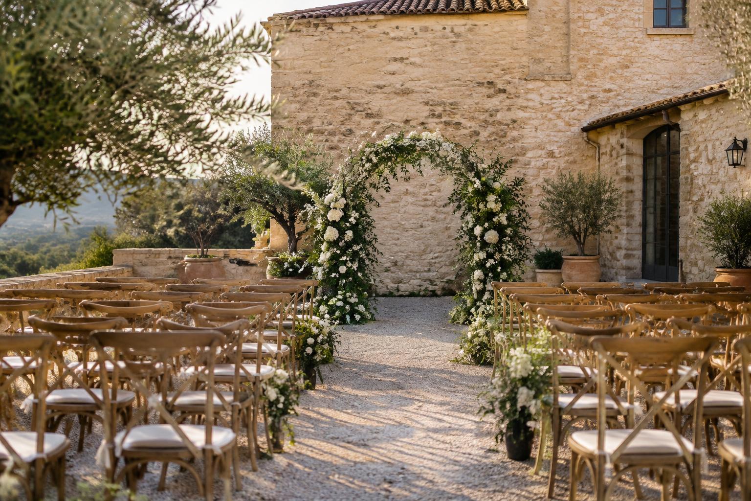 Cerimonia intima nel cortile con arco floreale bianco e verde