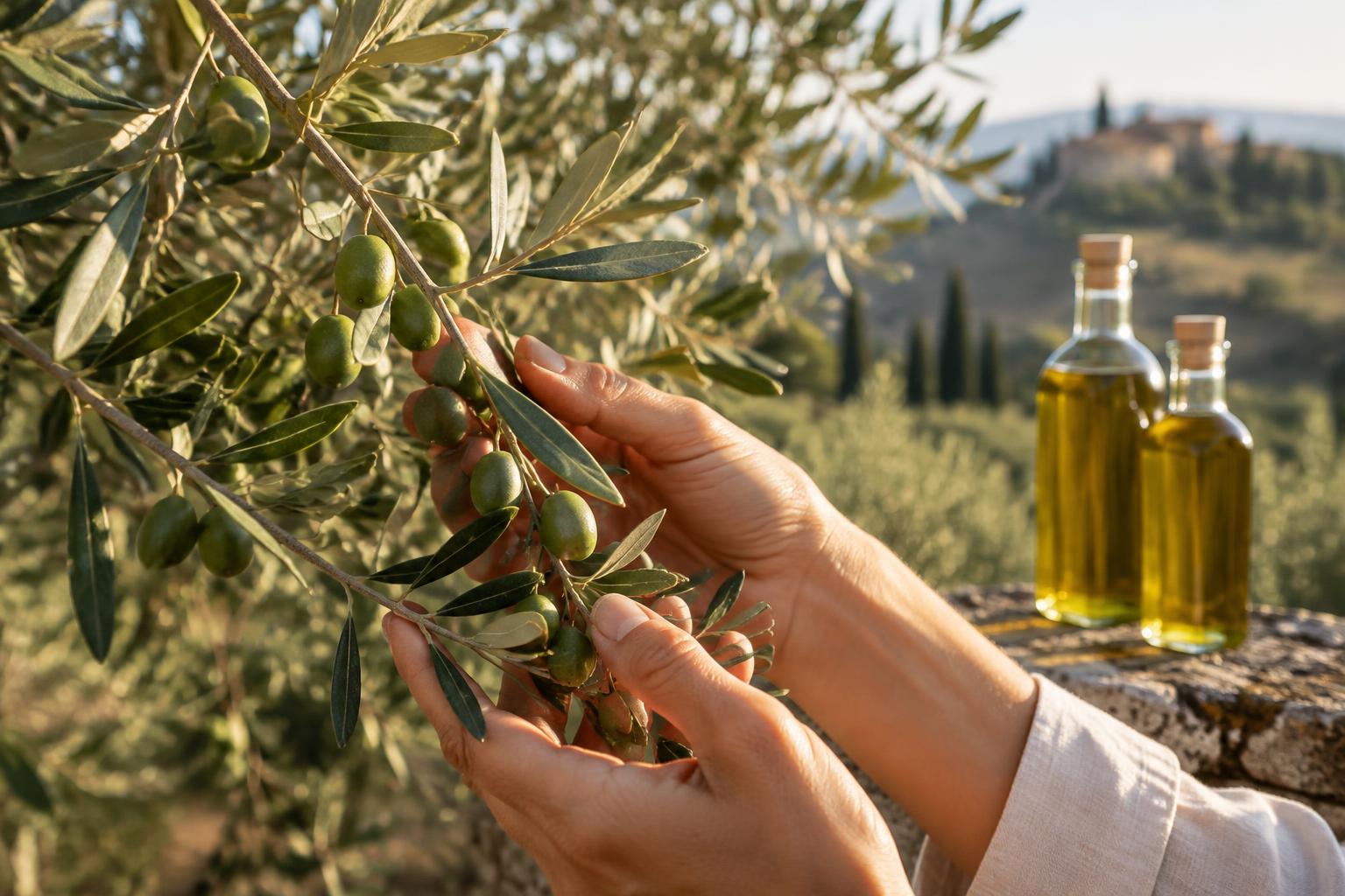 Mani tra rami di ulivo con olive verdi