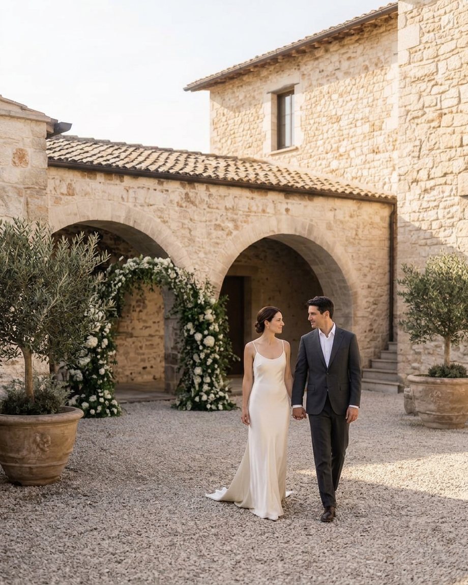 Scena illustrativa generata: sposi camminano nel cortile in pietra, accanto a un arco di fiori bianchi