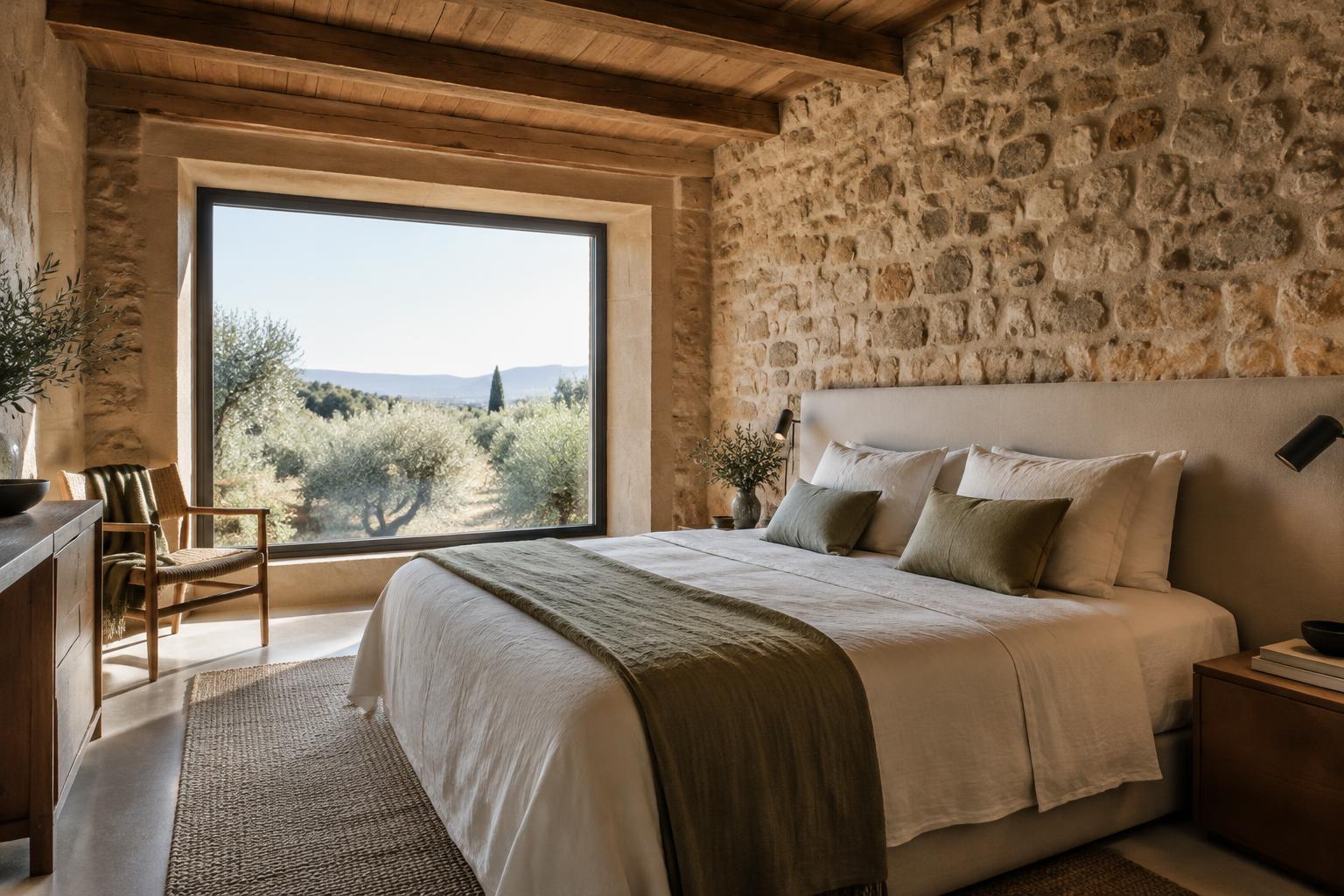 Camera con pareti in pietra, letto in lino e grande finestra sull'uliveto