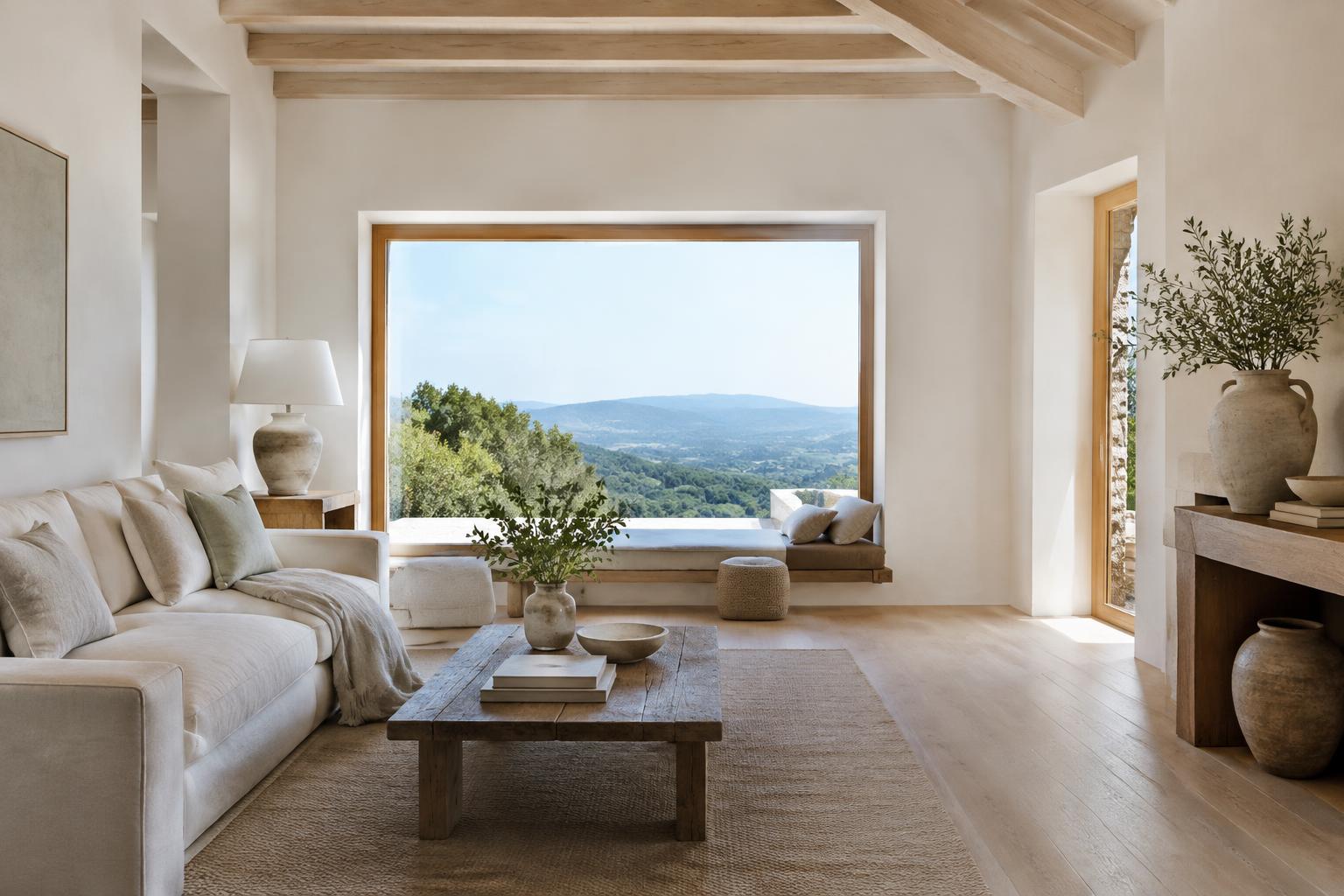 Suite luminosa con divano in lino, legno chiaro e vista sulle colline